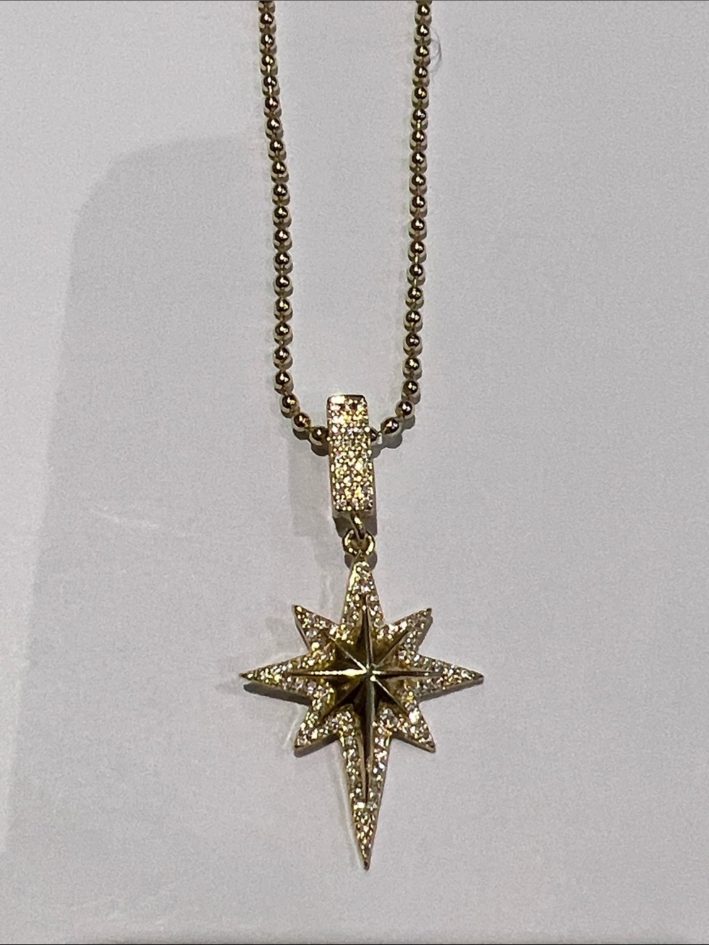Gold Starburst Pendant Necklace w Beaded Gold Ball Chain  NEW